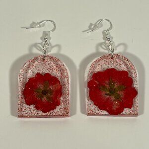 Resin Fine Red Glitter Red Flower Dangle Earrings NWT